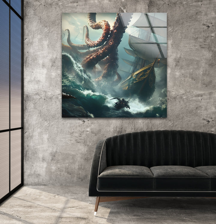 Kraken &amp; Ozean Glaswandkunst