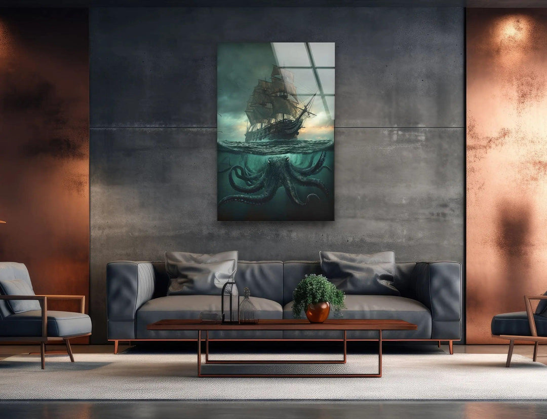 Kraken & Ship Glass Wall Art print on glass, glass printed photos
