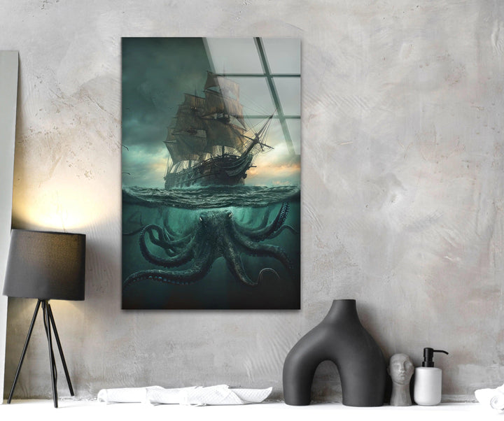 Kraken & Ship Glass Wall Art large glass photo prints, glass wall photos
