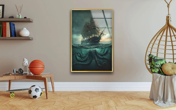 Kraken & Ship Glass Wall Art custom glass photo prints, large glass prints
