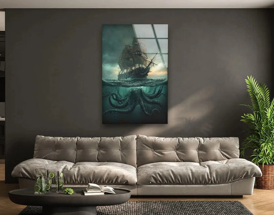 Highlighting the layering effect, this kraken and ship glass wall art features vivid glass printing that captures a battle between a sailing ship and a sea monster.