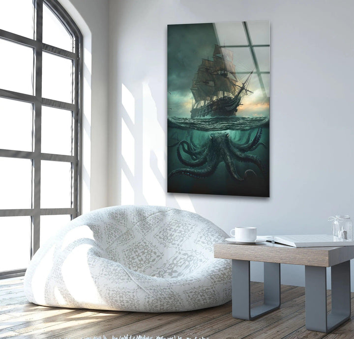 Kraken & Ship Glass Wall Art glass image printing, glass prints from photos
