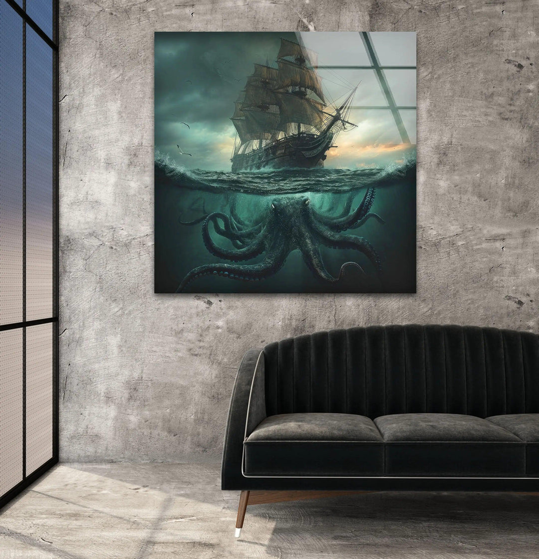 Kraken & Ship Glass Wall Art glass photo prints, glass picture prints
