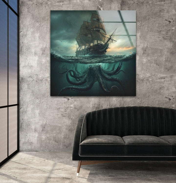 Kraken & Ship Glass Wall Art glass photo prints, glass picture prints
