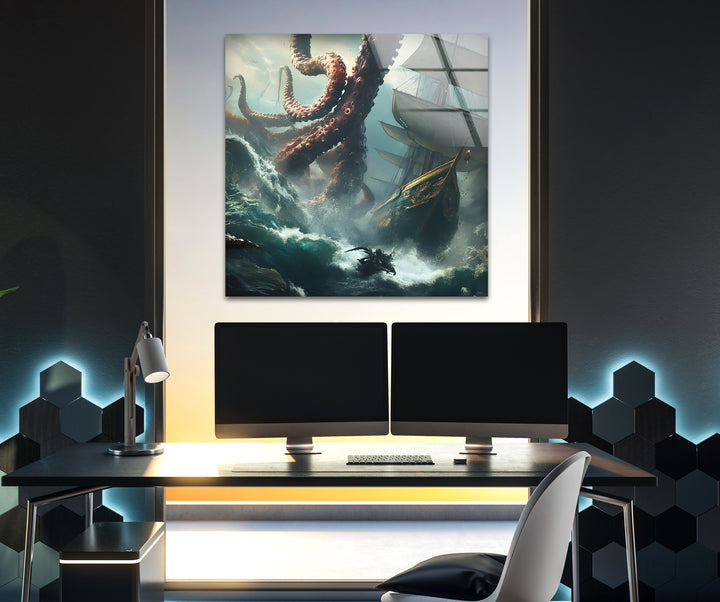 Kraken &amp; Ozean Glaswandkunst