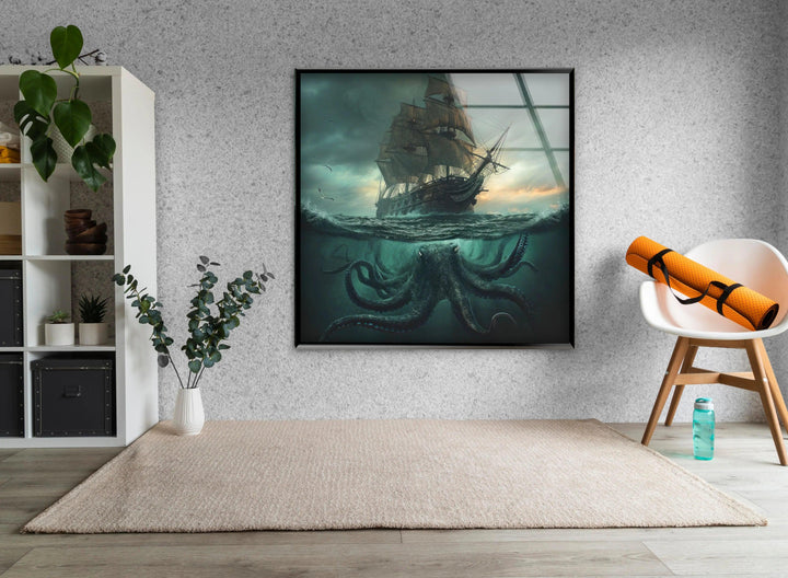 Kraken & Ship Glass Wall Art picture on glass wall art, photos printed on glass
