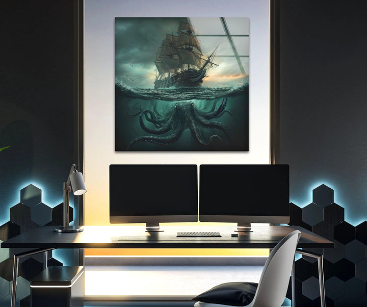 Kraken & Ship Glass Wall Art glass pictures for Wall, glass prints wall art
