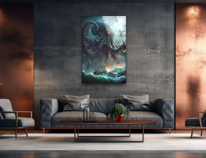 Kraken Octopus Glass Wall Art, picture on glass wall art, photos printed on glass