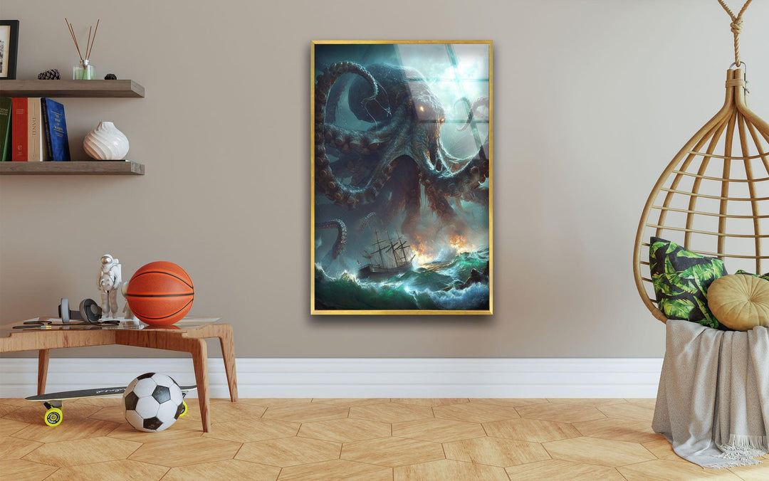 Kraken Octopus Glass Wall Art, large glass photo prints, glass wall photos