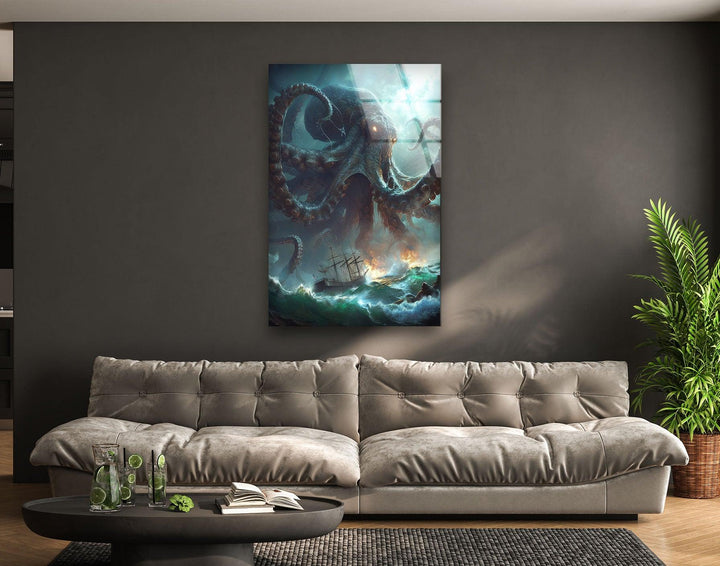 Kraken Octopus Glass Wall Art, photo print on glass, prints on glass wall art