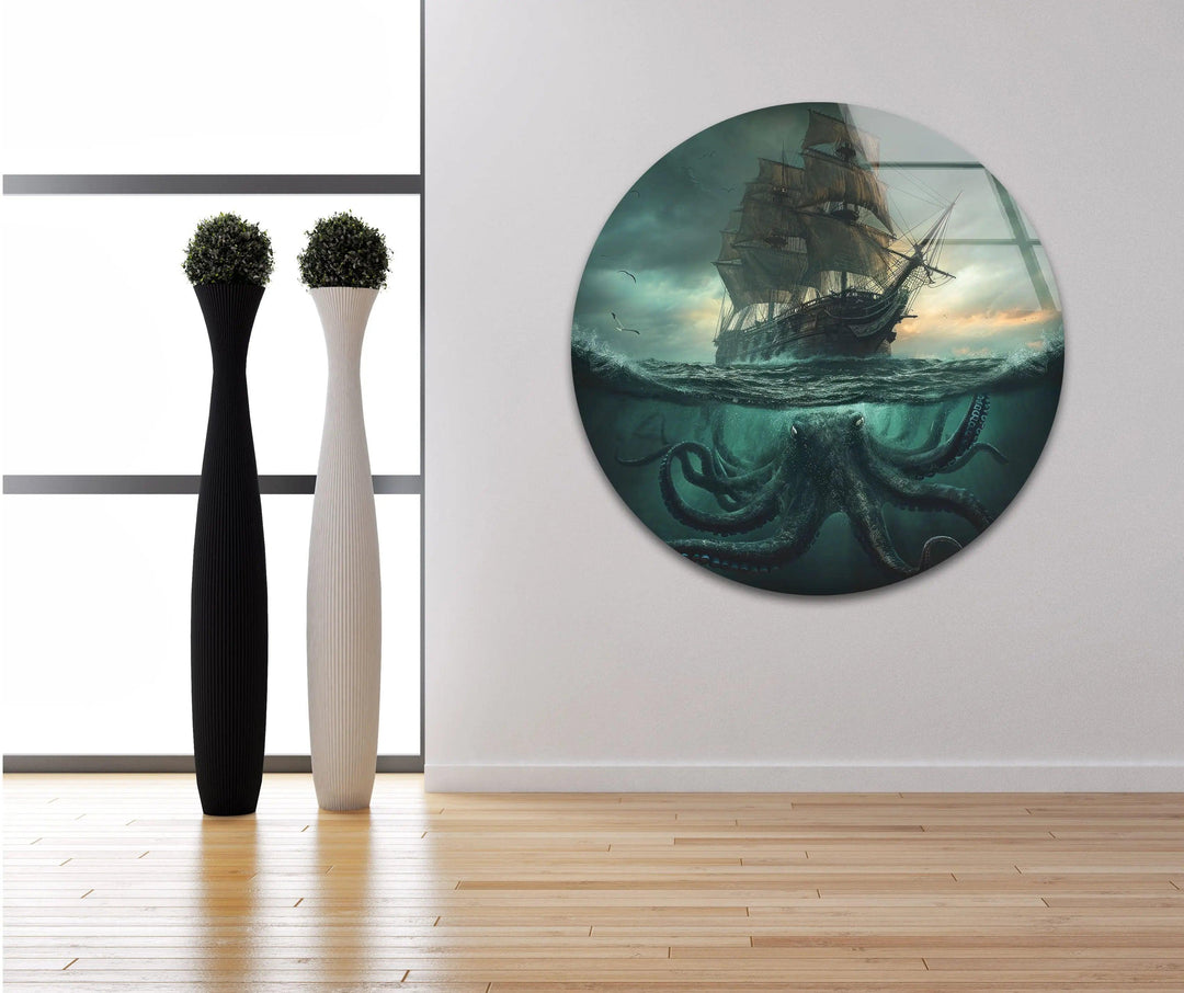 Kraken & Ship Glass Wall Art photo print on glass, prints on glass wall art

