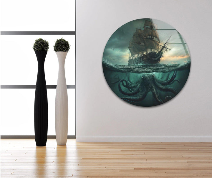 Kraken & Ship Glass Wall Art photo print on glass, prints on glass wall art
