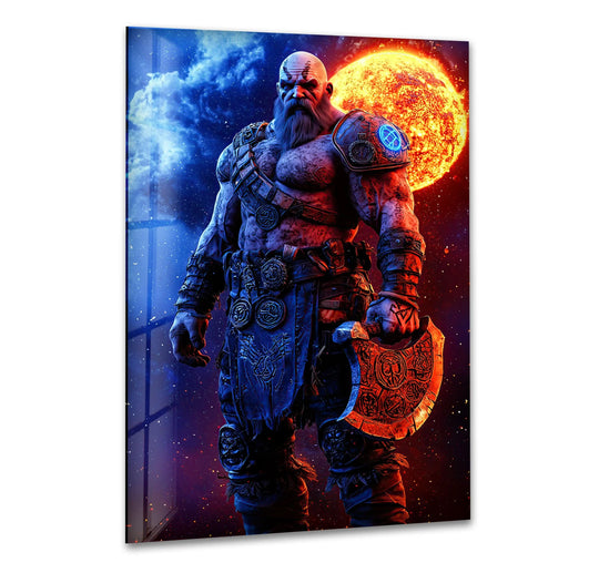 Illuminating the cosmic warrior glass wall art, the flaming sun's intense brightness makes it a striking focal point in the wall prints design.