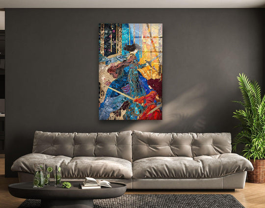 Bold contrast defines this unique modern wall decor, showcasing a lady knight in vivid blues against fiery oranges and yellows.