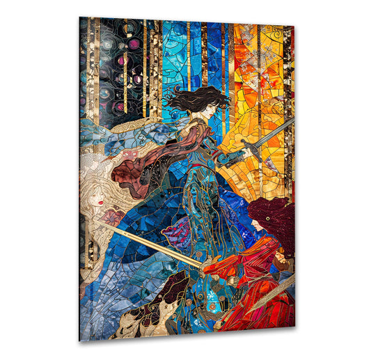 A vibrant glass wall art piece featuring a dramatic battle scene with shimmering metallic finishes.