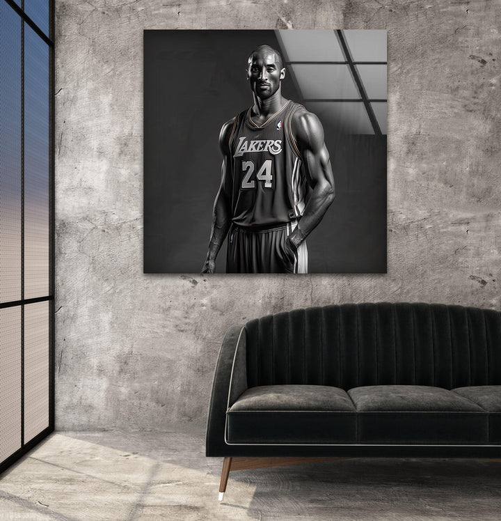 Dynamic monochrome artwork of a basketball player in a Lakers uniform posed with a ball.