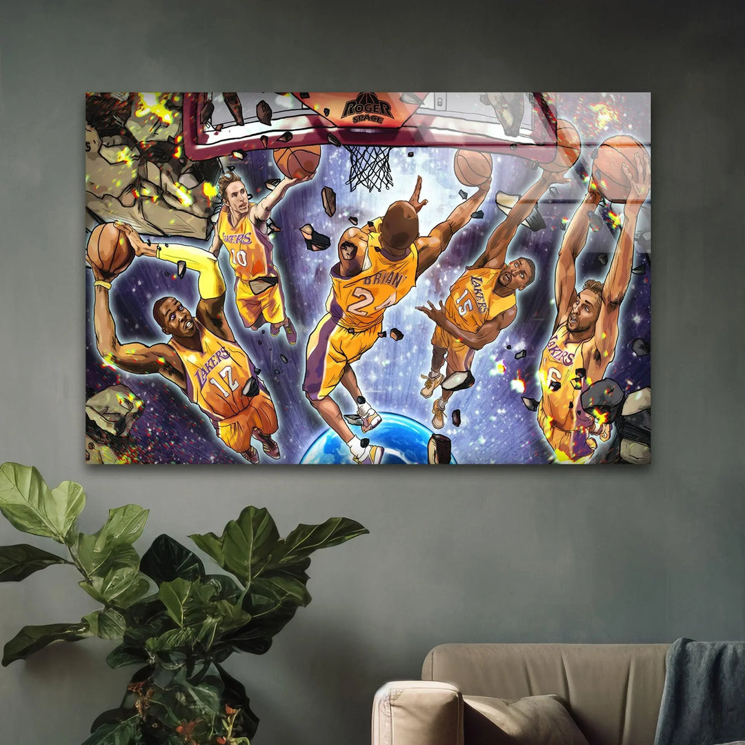 Explosive cosmic comic artwork with Kobe Bryant leading a high-flying Lakers lineup in a dramatic dunk scene.