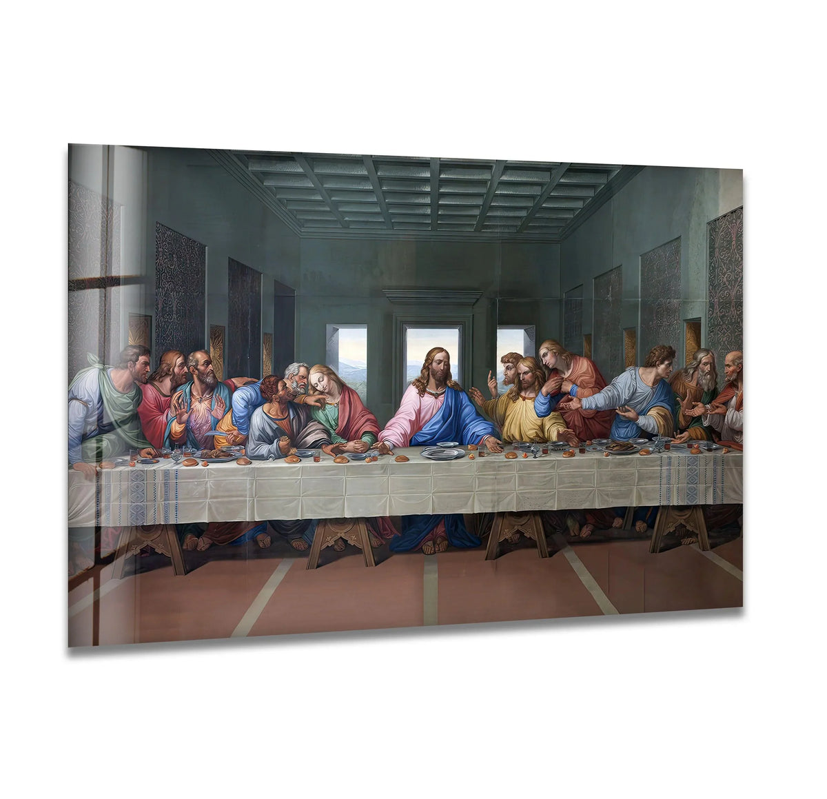 The Last Supper glass wall art creates depth and layers, showcasing a profound scene on premium print wall art.