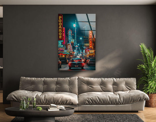 A Las Vegas night scene captures the vibrant glow of neon signs on this beautiful tempered glass wall art.