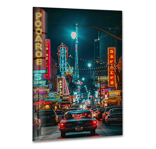 A vintage car's glowing taillight softly illuminates the neon-drenched streetscape in this Las Vegas night glass art painting.