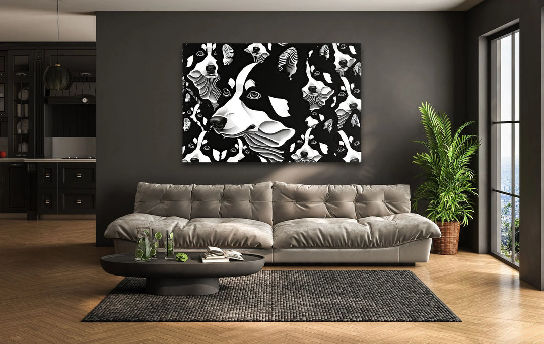 Escher Glass Wall Art Graphic black and white husky pattern art with repeating dog faces and modern minimalist styling.