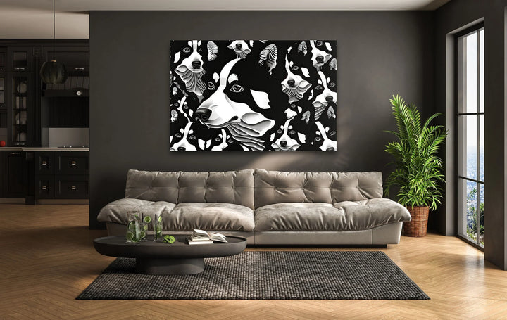 Escher Glass Wall Art Graphic black and white husky pattern art with repeating dog faces and modern minimalist styling.