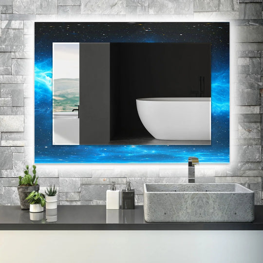 Blue and black abstract wall mirror with starry cosmic design and illuminated border a modern style decor of tempered glass