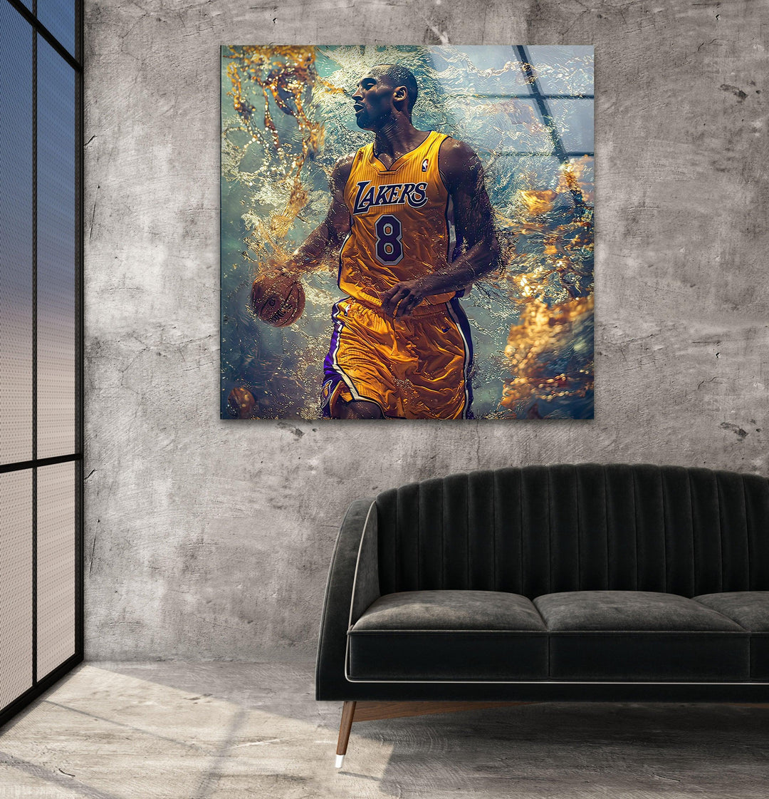 Kobe Bryant - Dynamic basketball artwork on glass featuring a number 8 player surrounded by vivid swirling effects.
