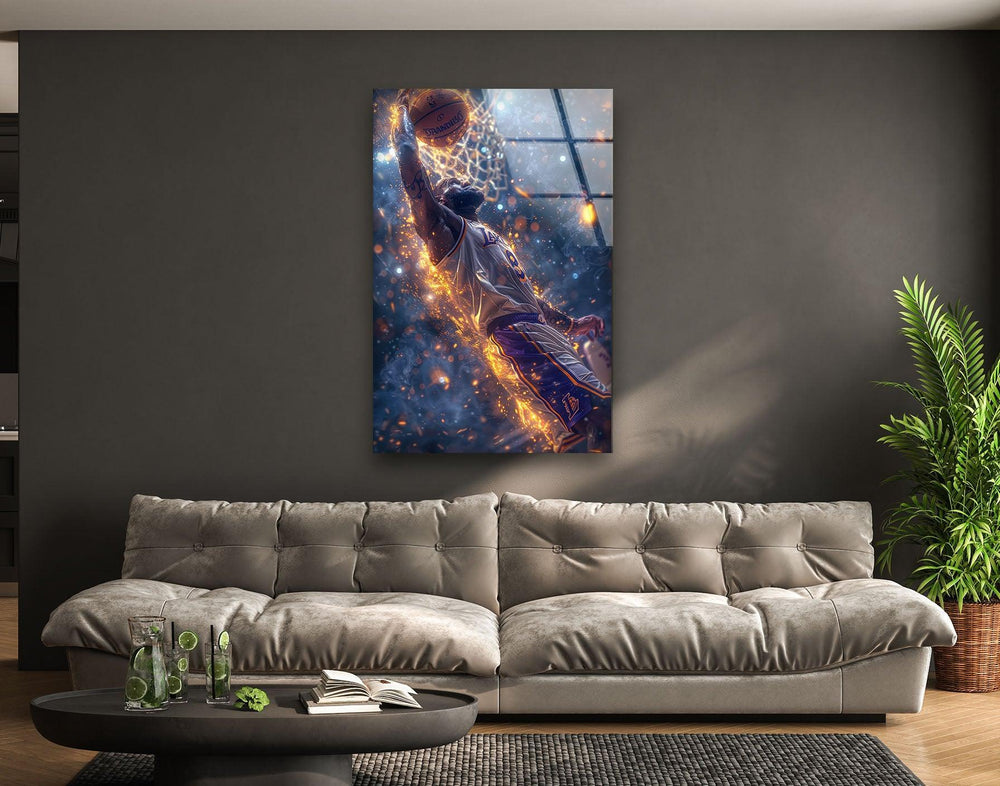 Dynamic basketball glass print featuring a number 6 player slamming the ball amid bright sparks.
