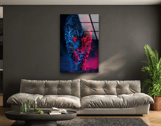 A fierce leopard's face emerges from the darkest area, illuminated by neon pink and blue light, showcasing this best glass art.