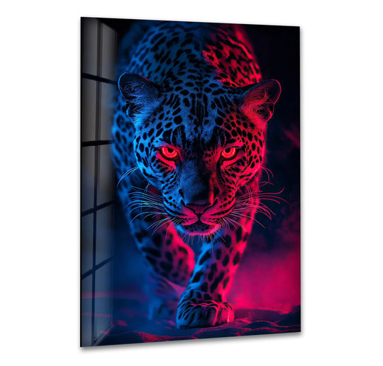 A surreal leopard emerges in abstract neon hues on glass printing, a vibrant fusion of pink and black.