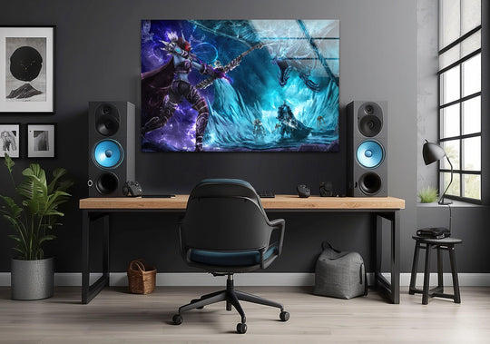 Highlighting the layering effect, the Ice Battle Warrior and Dragon glass wall artwork creates depth and dimension in a room with bold gaming style.