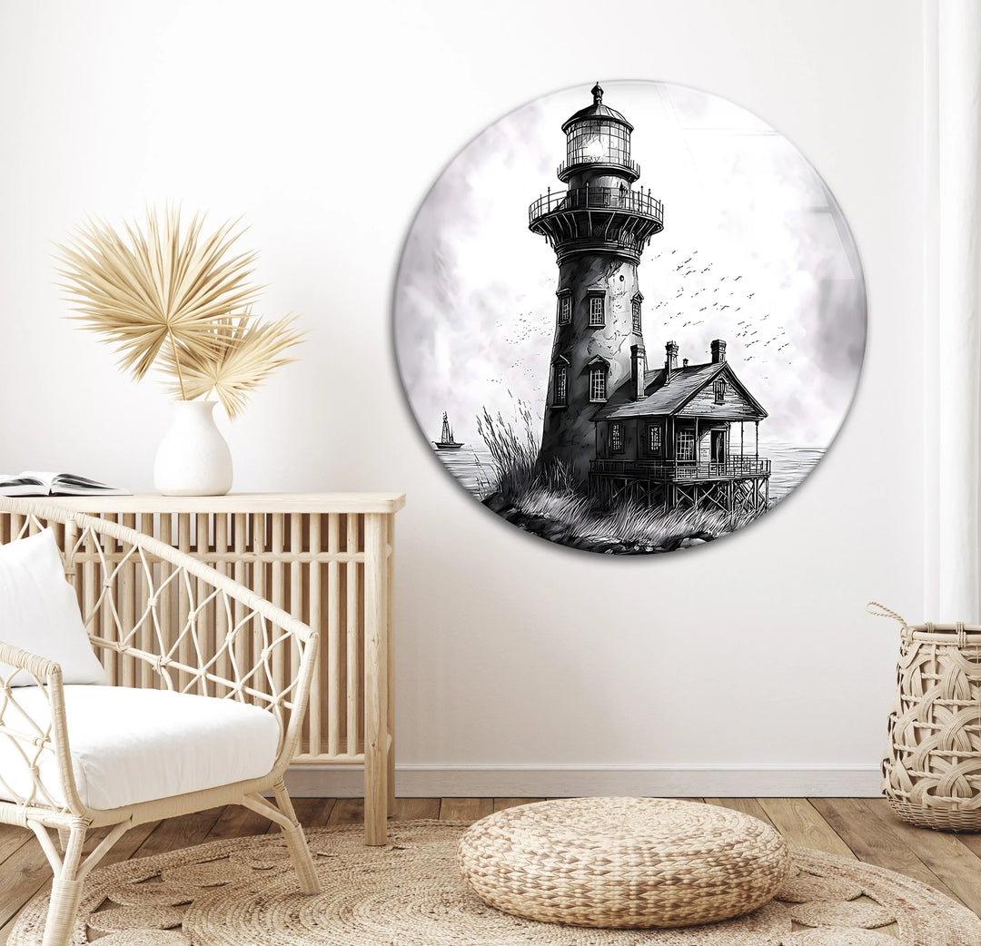 Black and white coastal landscape featuring a lighthouse tower and wooden cottage.