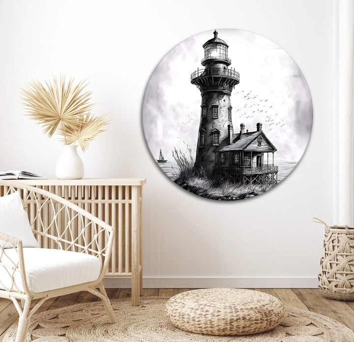 Black and white coastal landscape featuring a lighthouse tower and wooden cottage.
