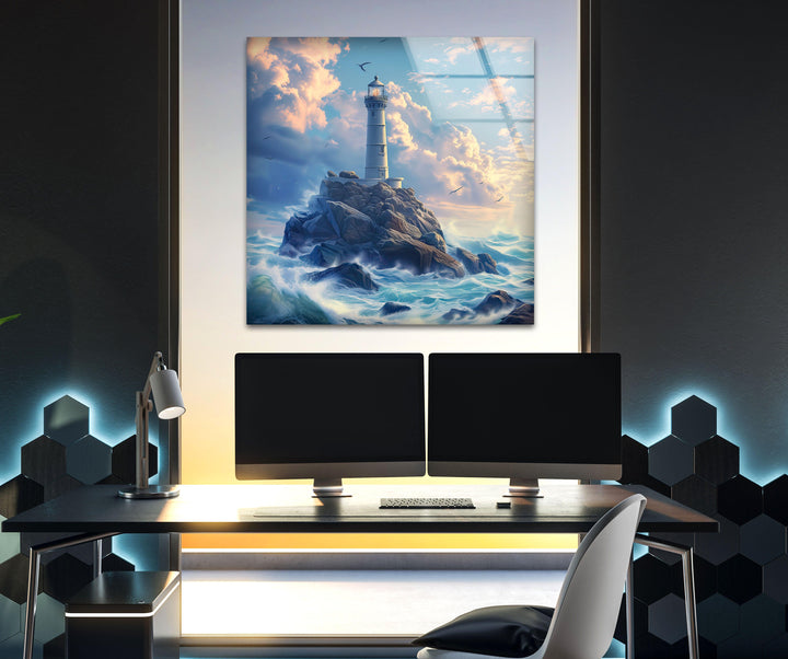 Lighthouse Blue Glass Wall Art photo print on glass, prints on glass wall art

