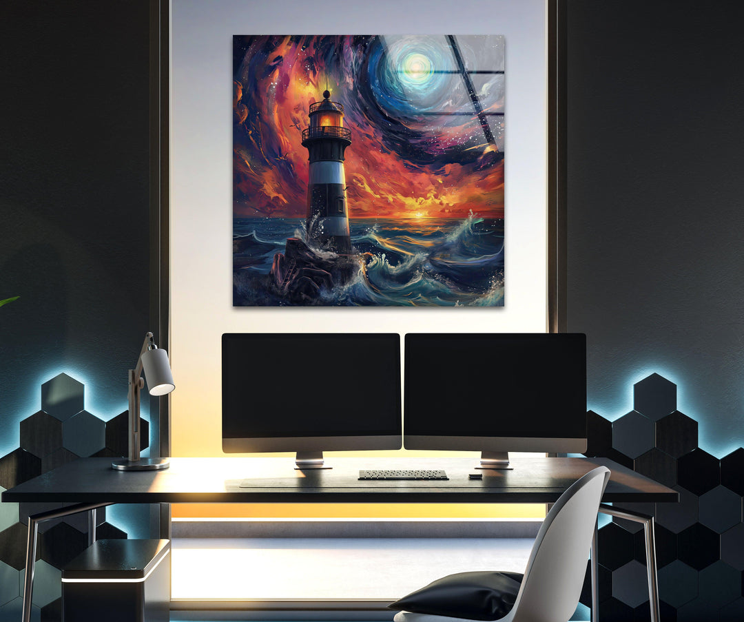 Lighthouse Blue & Orange Glass Wall Art photo print on glass, prints on glass wall art

