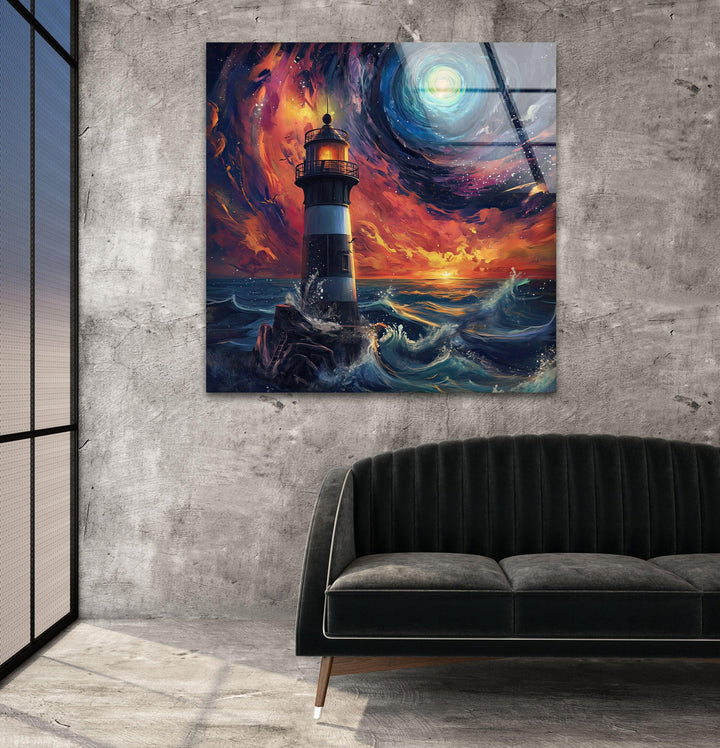 Lighthouse Blue & Orange Glass Wall Art glass pictures for Wall, glass prints wall art
