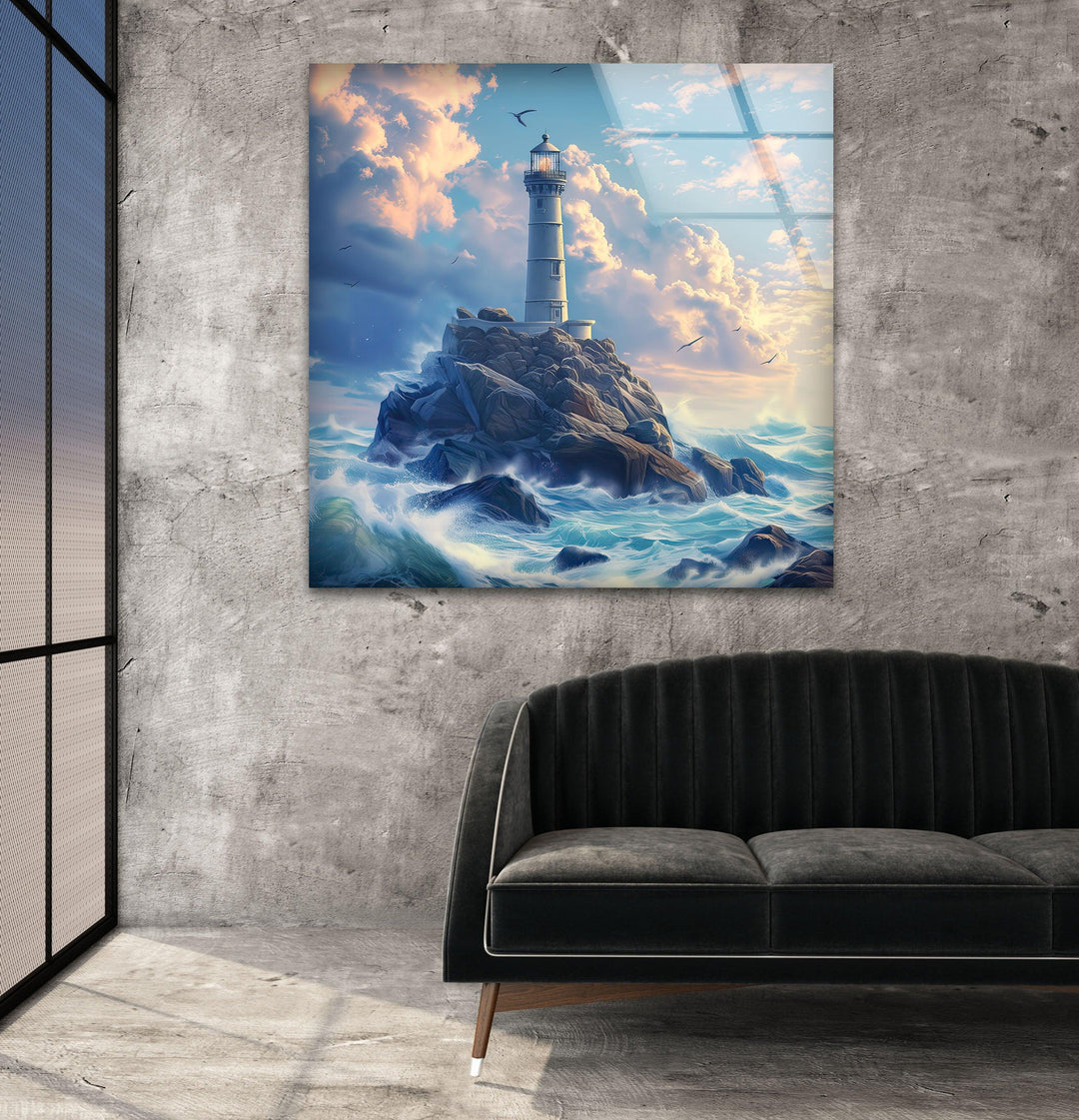 Lighthouse Blue Glass Wall Art glass pictures for Wall, glass prints wall art
