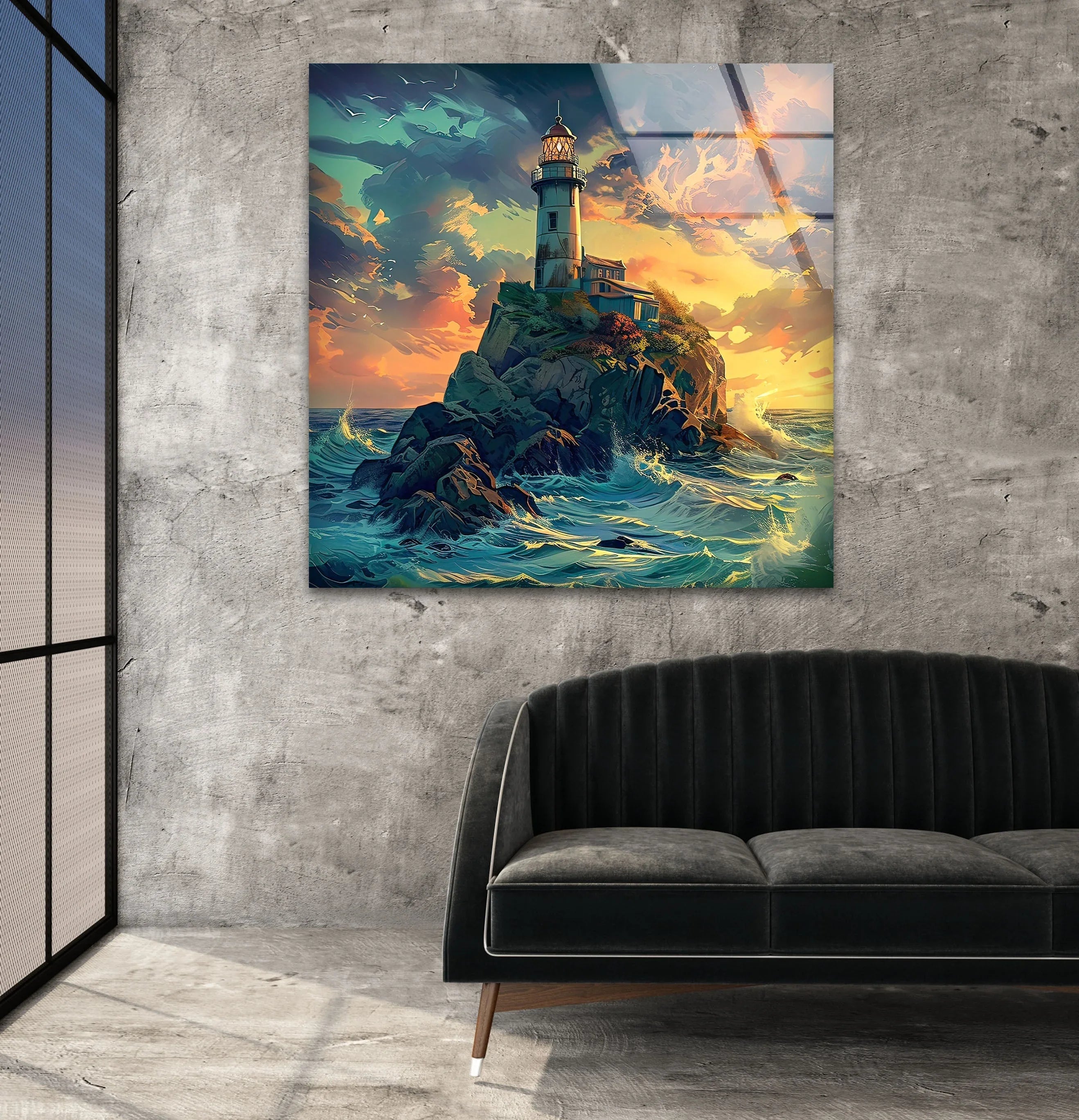 Majestic Lighthouse Glass Wall Art – Stunning Coastal Ocean Design