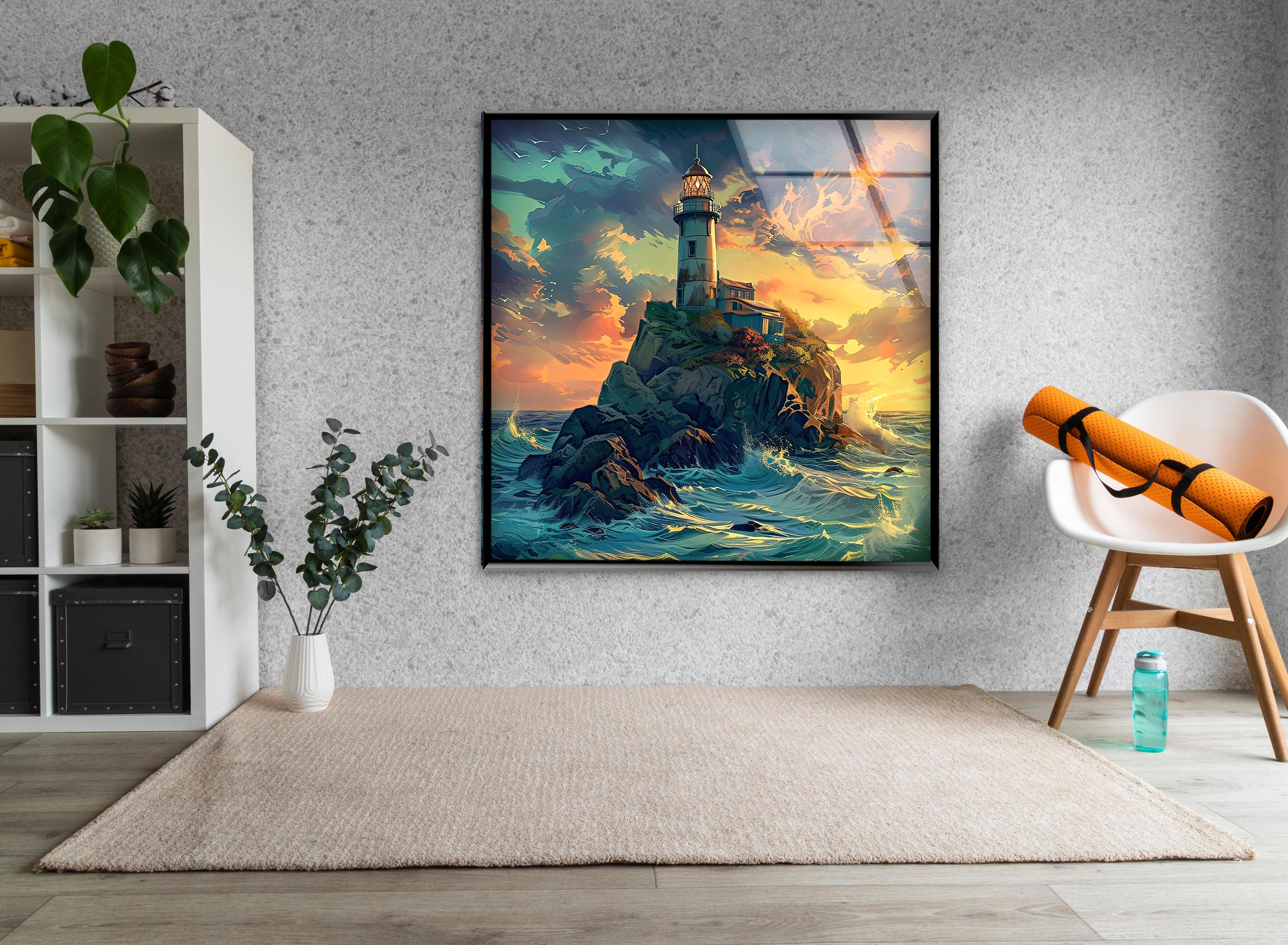 Majestic Lighthouse Glass Wall Art – Stunning Coastal Ocean Design