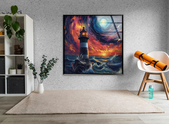 Lighthouse Blue & Orange Glass Wall Art custom glass pictures, glass art prints
