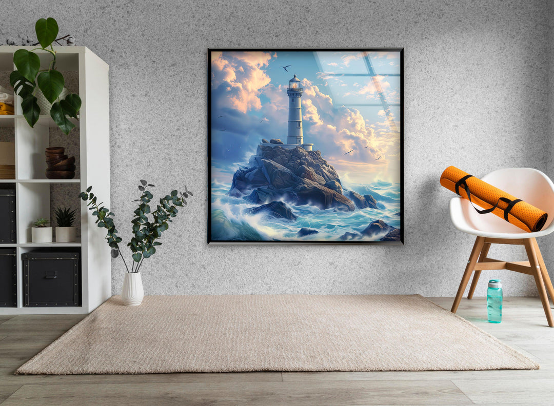 Lighthouse Blue Glass Wall Art custom glass pictures, glass art prints
