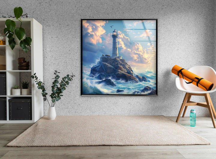 Lighthouse Blue Glass Wall Art custom glass pictures, glass art prints
