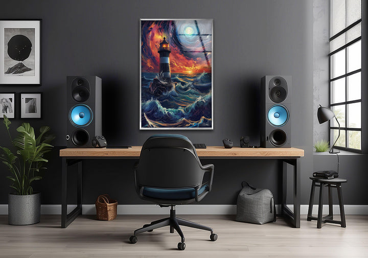 Lighthouse Blue & Orange Glass Wall Art large glass photo prints, glass wall photos
