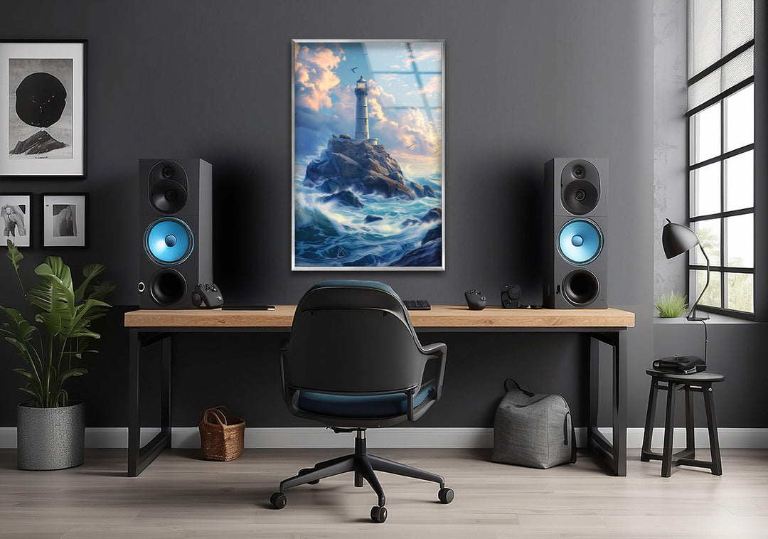 Lighthouse Blue Glass Wall Art large glass photo prints, glass wall photos
