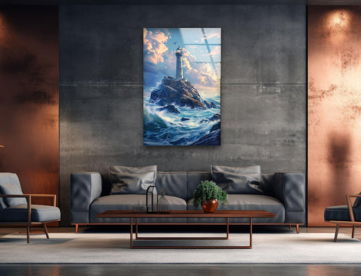 Lighthouse Blue Glass Wall Art custom glass photo prints, large glass prints
