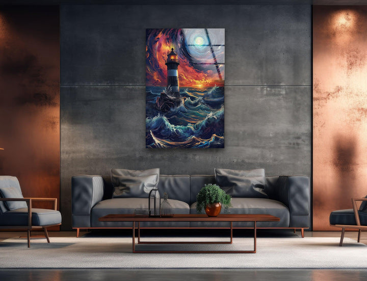 Lighthouse Blue & Orange Glass Wall Art custom glass photo prints, large glass prints
