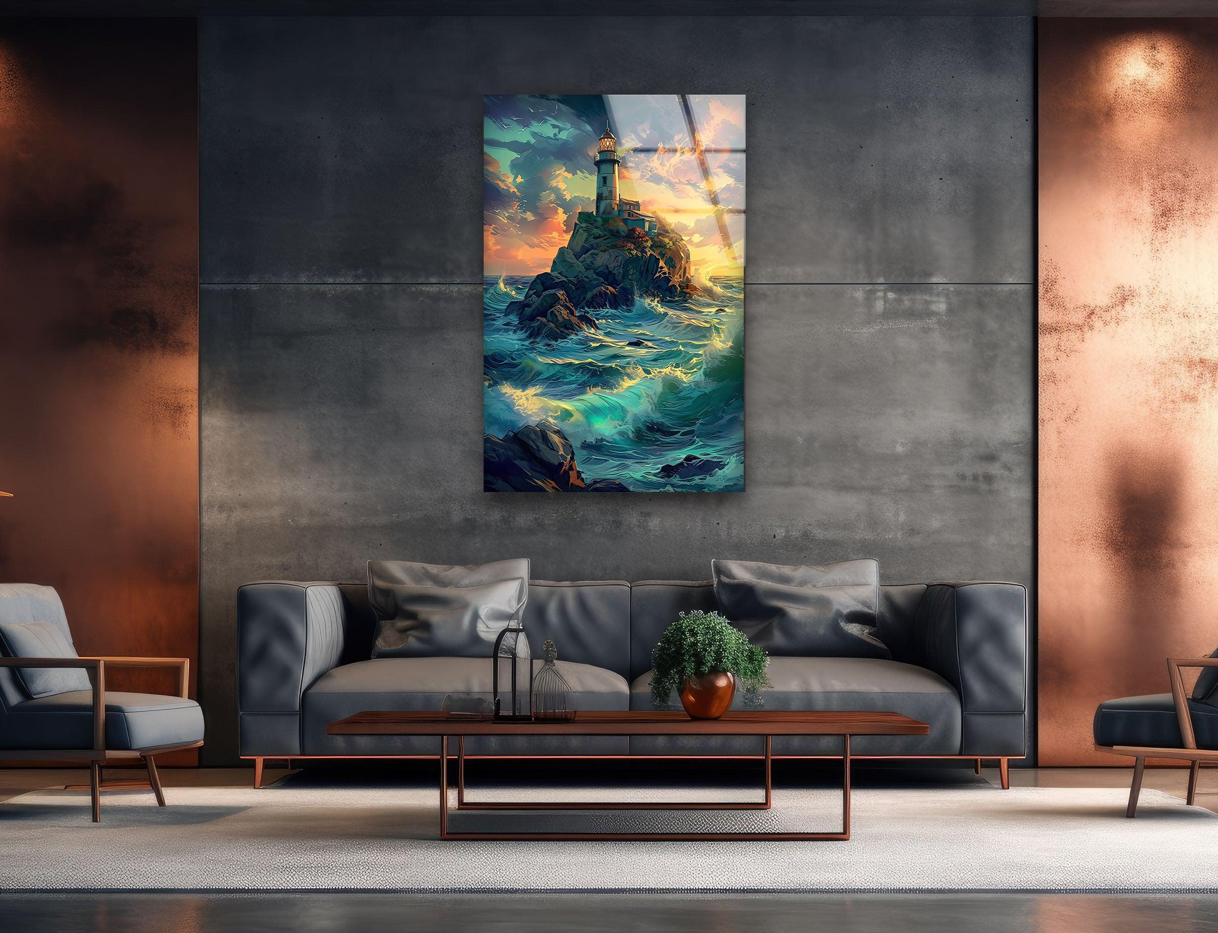 Majestic Lighthouse Glass Wall Art – Stunning Coastal Ocean Design