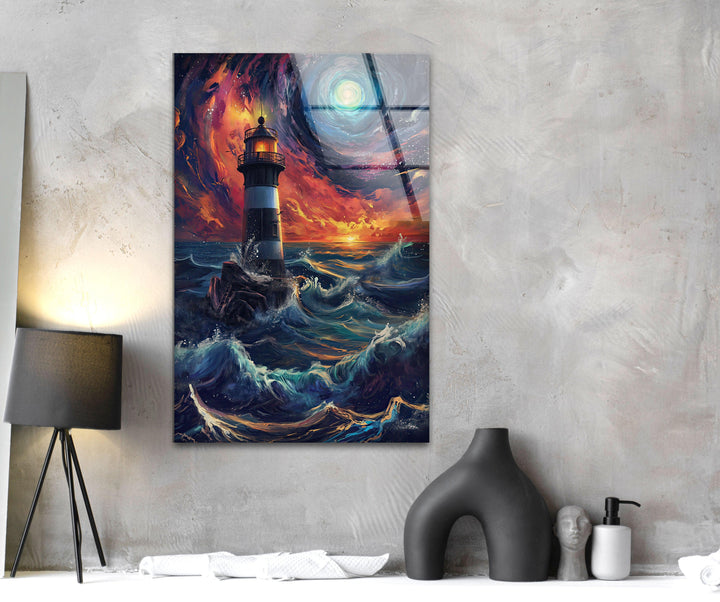 Lighthouse Blue & Orange Glass Wall Art stained glass wall art, stained glass wall decor
