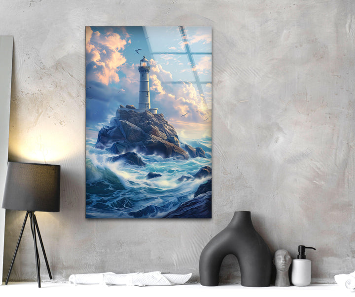 Lighthouse Blue Glass Wall Art picture on glass wall art, photos printed on glass
